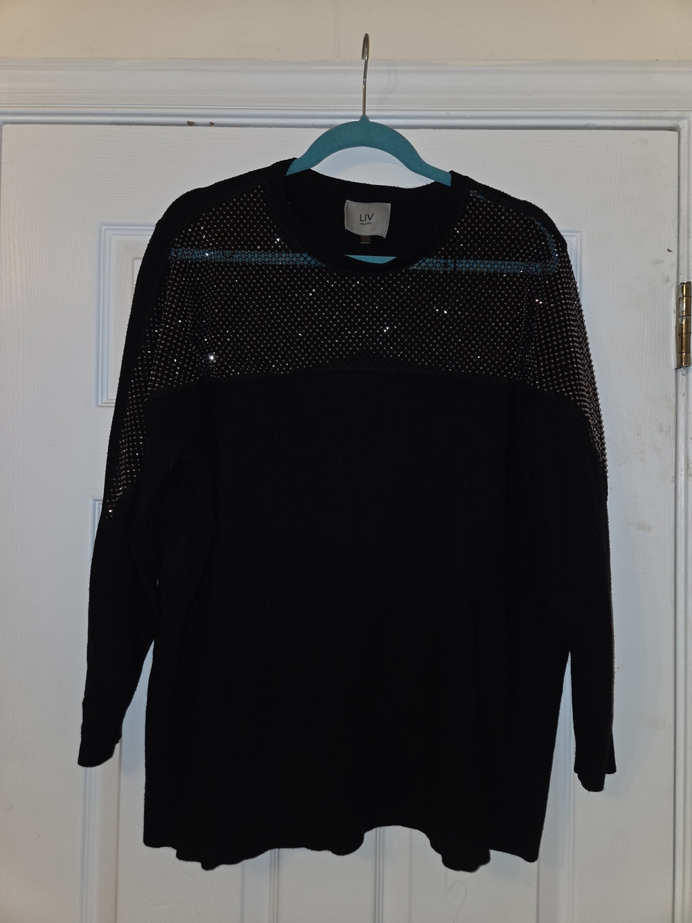 LIV Women's Black Crew Neck Sweater with Mesh And Rhinestone Yoke